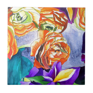 Azulejo De Cerâmica Arte Ranunculus e Iris watercolor