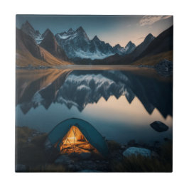 Azulejo De Cerâmica Arte Temática de Acampamento com Tenda, Montanhas 