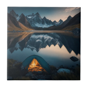 Azulejo De Cerâmica Arte Temática de Acampamento com Tenda, Montanhas