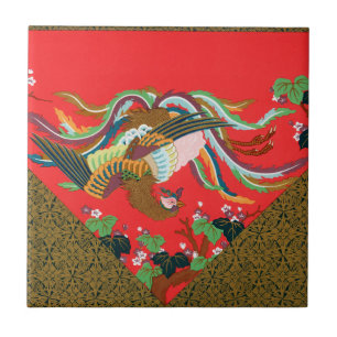 Azulejo De Cerâmica Arte Vintage do Pássaro Fênix Vermelho Japonês G.A