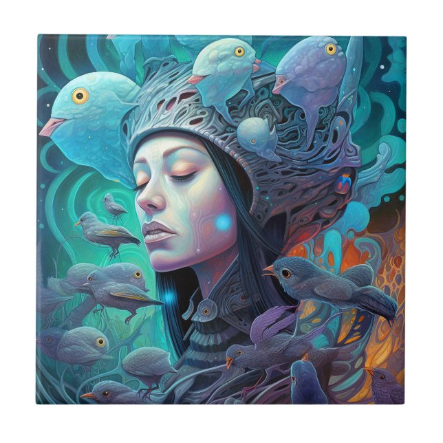 Azulejo De Cerâmica Arte Visionária De Aves Soberanas (Frente)