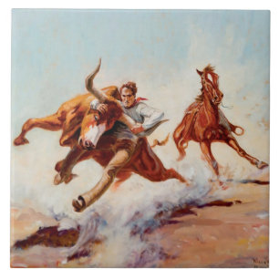 Azulejo De Cerâmica Arte Western “Bull Dogger” por Will James