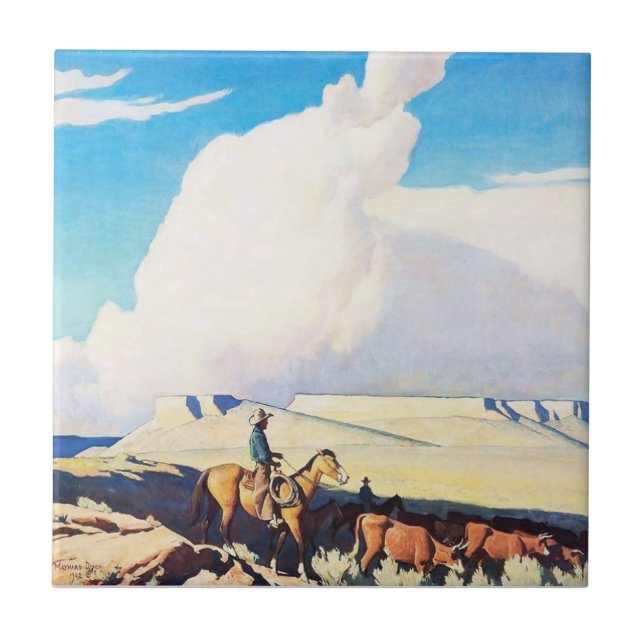 Azulejo De Cerâmica Arte Western “Open Range” por Maynard Dixon (Frente)