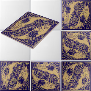 Azulejo De Cerâmica Artes e Ofícios Vintage Peixes Dourados Koi Japone