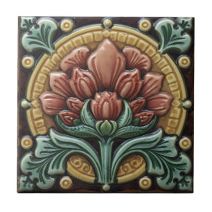 Azulejo De Cerâmica Artesanato Floral em Majólica Art Nouveau Antiga