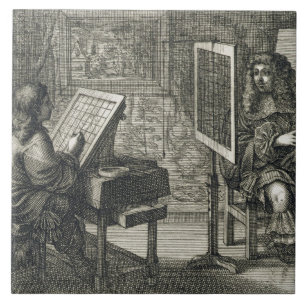 Azulejo De Cerâmica Artista que pinta um retrato sobre uma grade para