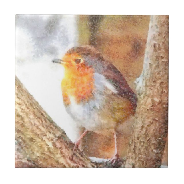 Azulejo De Cerâmica Artístico Robin Redbreast Perch (Frente)