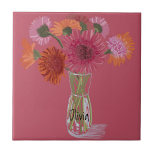 Azulejo De Cerâmica Arty Gerbera Corante Flor Colorido +Nome Personali