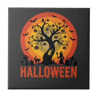 Azulejo De Cerâmica Árvore Assombrada de Halloween Bruxa e Gatos Preto