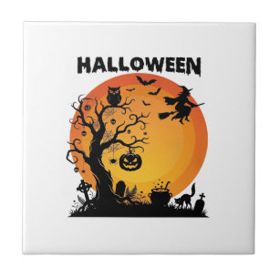 Azulejo De Cerâmica Árvore Assustadora de Halloween Bruxa Voadora Lua
