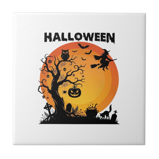 Azulejo De Cerâmica Árvore Assustadora de Halloween Bruxa Voadora Lua  (Frente)