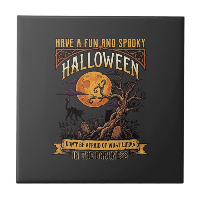 Azulejo De Cerâmica Árvore Assustadora de Halloween Lua Cheia Gato Pre (Frente)