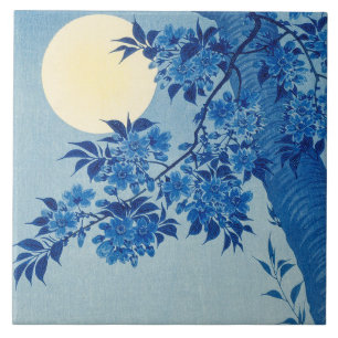 Azulejo De Cerâmica Árvore Azul ao Luar: Noite de Flor de Cerejeira Ja