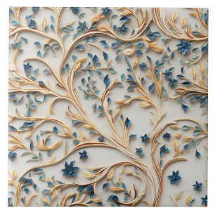 Azulejo De Cerâmica Árvore Azul e Dourada, Estilo de Talha em Madeira
