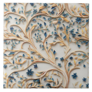 Azulejo De Cerâmica Árvore Azul e Dourada, Estilo de Talha em Madeira