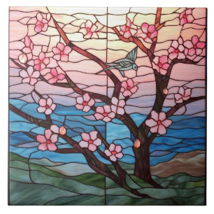Azulejo De Cerâmica árvore da cereja de vidro manchado e fofo