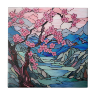 Azulejo De Cerâmica árvore da cereja de vidro manchado e fofo