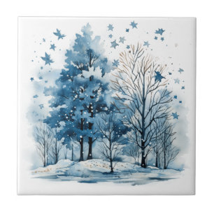 Azulejo De Cerâmica Árvore da floresta de inverno aquarela