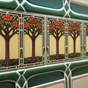 Azulejo De Cerâmica Árvore da Vida Abstrata Amarelo Laranja Meados do