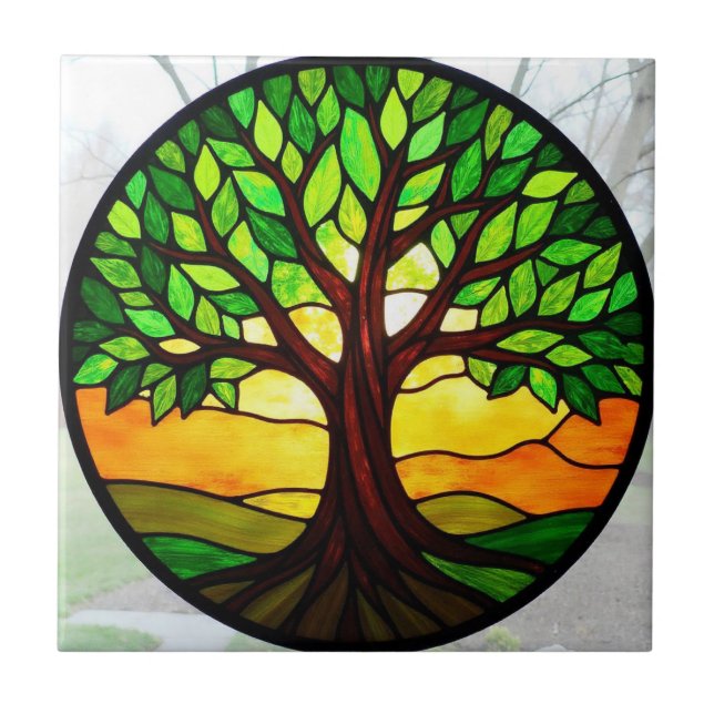 Azulejo De Cerâmica Árvore da Vida em Vidro Pintado  (Frente)
