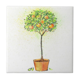 Azulejo De Cerâmica Árvore de citrino pintada da aguarela no pote