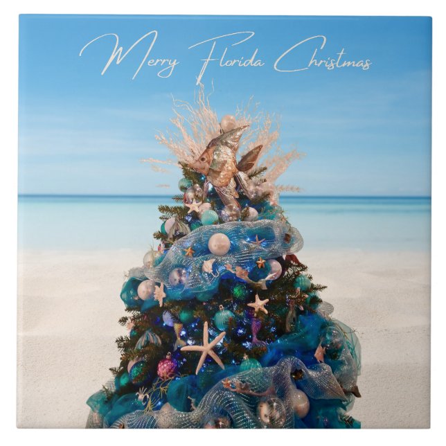 Azulejo De Cerâmica Árvore de Férias Tropicais de Praia da feliz na Fl (Frente)