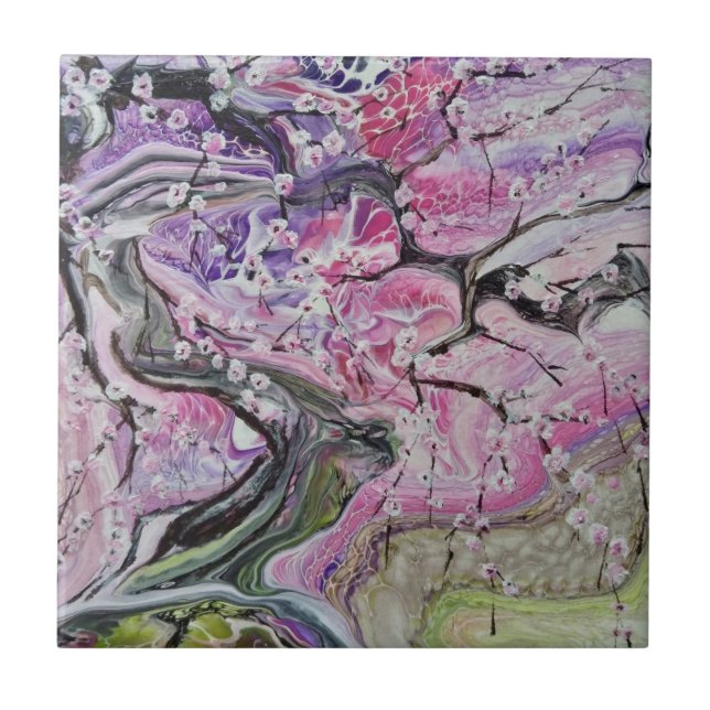 Azulejo De Cerâmica Árvore de flor de cereja rosa (Frente)