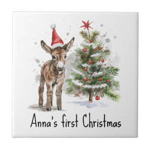 Azulejo De Cerâmica Árvore de Natal e Burro do Primeiro Natal do Bebê