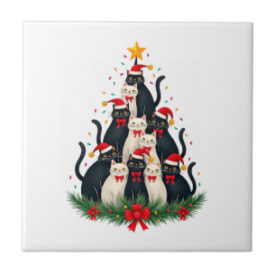Azulejo De Cerâmica Árvore de Natal Gato Tuxedo Luzes de Gato Tuxedo N