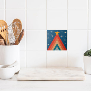 Azulejo De Cerâmica Árvore de Natal Minimalista Vermelha e Azul Retro
