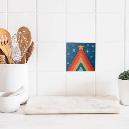 Azulejo De Cerâmica Árvore de Natal Minimalista Vermelho e Azul