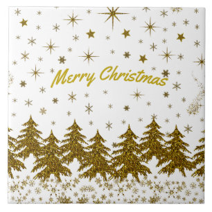 Azulejo De Cerâmica Árvore de Natal pouco Dourada, estrelas, neve