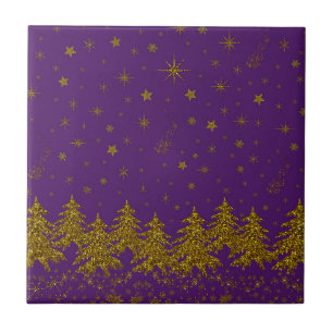 Azulejo De Cerâmica Árvore de Natal pouco Dourada, estrelas, neve em