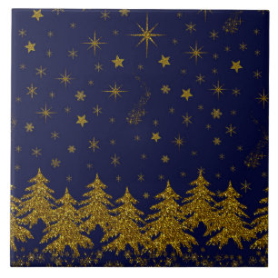 Azulejo De Cerâmica Árvore de Natal pouco Dourada, estrelas, neve em