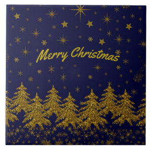 Azulejo De Cerâmica Árvore de Natal pouco Dourada, estrelas, neve em a