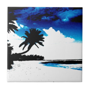 Azulejo De Cerâmica Árvore de palma branca azul preta Silhoule