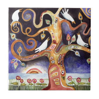 Azulejo De Cerâmica ÁRVORE de pombas da aguarela da VIDA