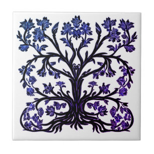 Azulejo De Cerâmica Árvore de Vida Floral #2 Azul e Branco Cobalto