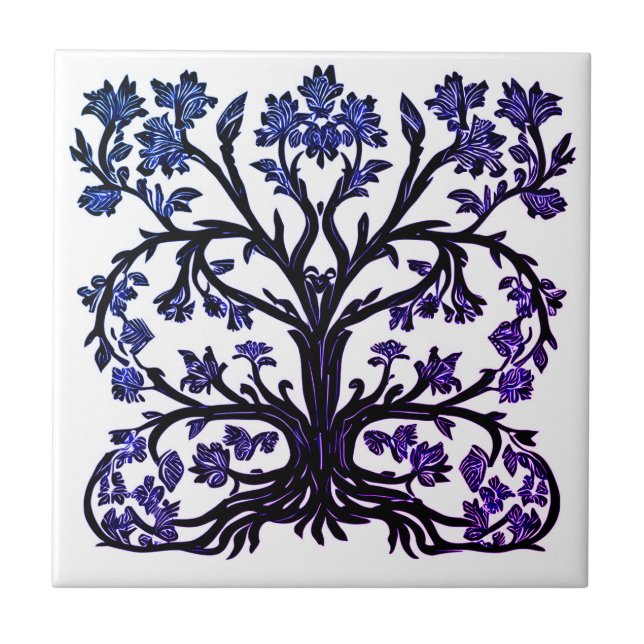 Azulejo De Cerâmica Árvore de Vida Floral #2 Azul e Branco Cobalto (Frente)