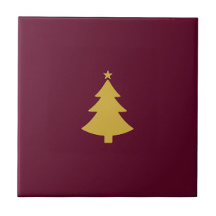 Azulejo De Cerâmica Árvore Dourada de Natal minimalista, Vinho Borgonh