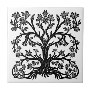 Azulejo De Cerâmica Árvore Floral da Vida em Preto sobre Branco