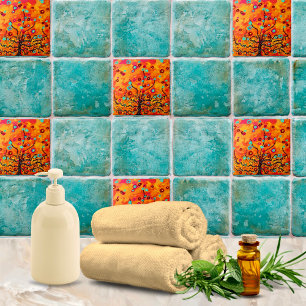 Azulejo De Cerâmica Árvore Marrom da Vida Com Flores E Laranja Colorid