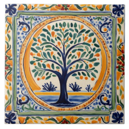 Azulejo De Cerâmica Árvore Mediterrânica, Arte Foliar Azul e Amarelo