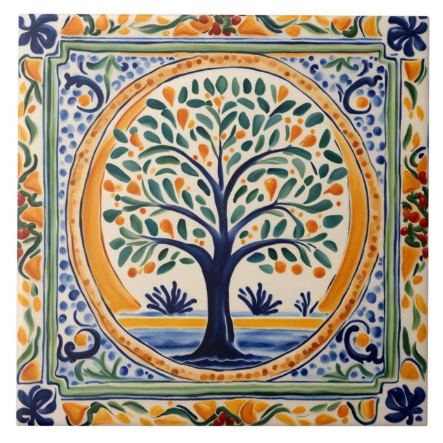 Azulejo De Cerâmica Árvore Mediterrânica, Arte Foliar Azul e Amarelo (Frente)