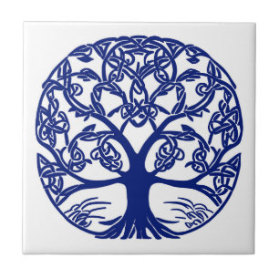 Azulejo De Cerâmica Árvore Nó Celta de Azul-Vida em Branco
