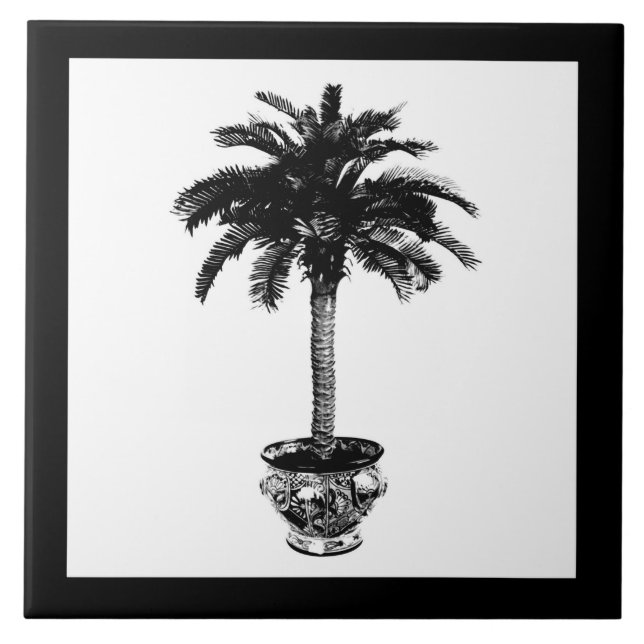 Azulejo De Cerâmica Árvore Palm - preto e branco (Frente)