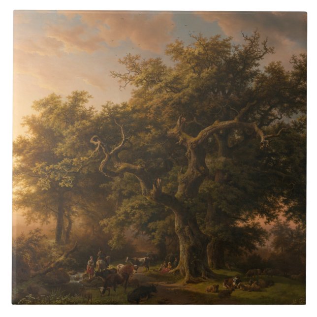 Azulejo De Cerâmica Árvores de Carvalho em Paisagem Florestal (Cena de (Frente)