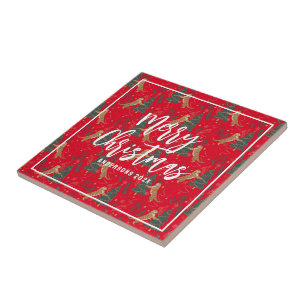 Azulejo De Cerâmica Árvores de Natal e tigres padrão de fundo vermelho