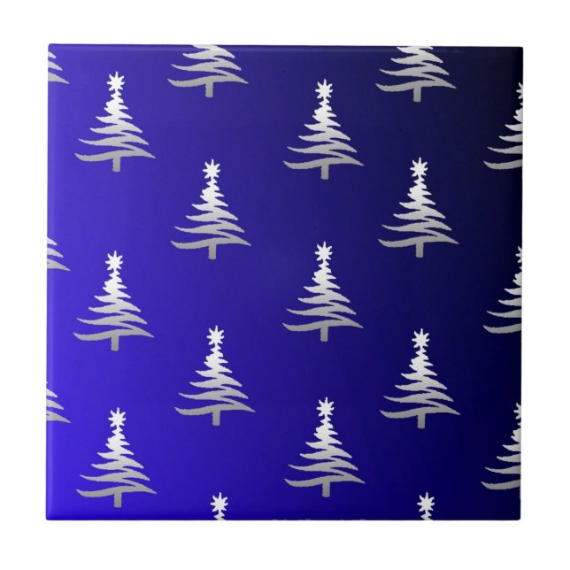 Azulejo De Cerâmica Árvores de Natal Prateadas em Azul Cobalto (Frente)