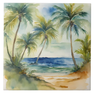 Azulejo De Cerâmica Árvores de Palma de Praia Tropicais de Aquarelas